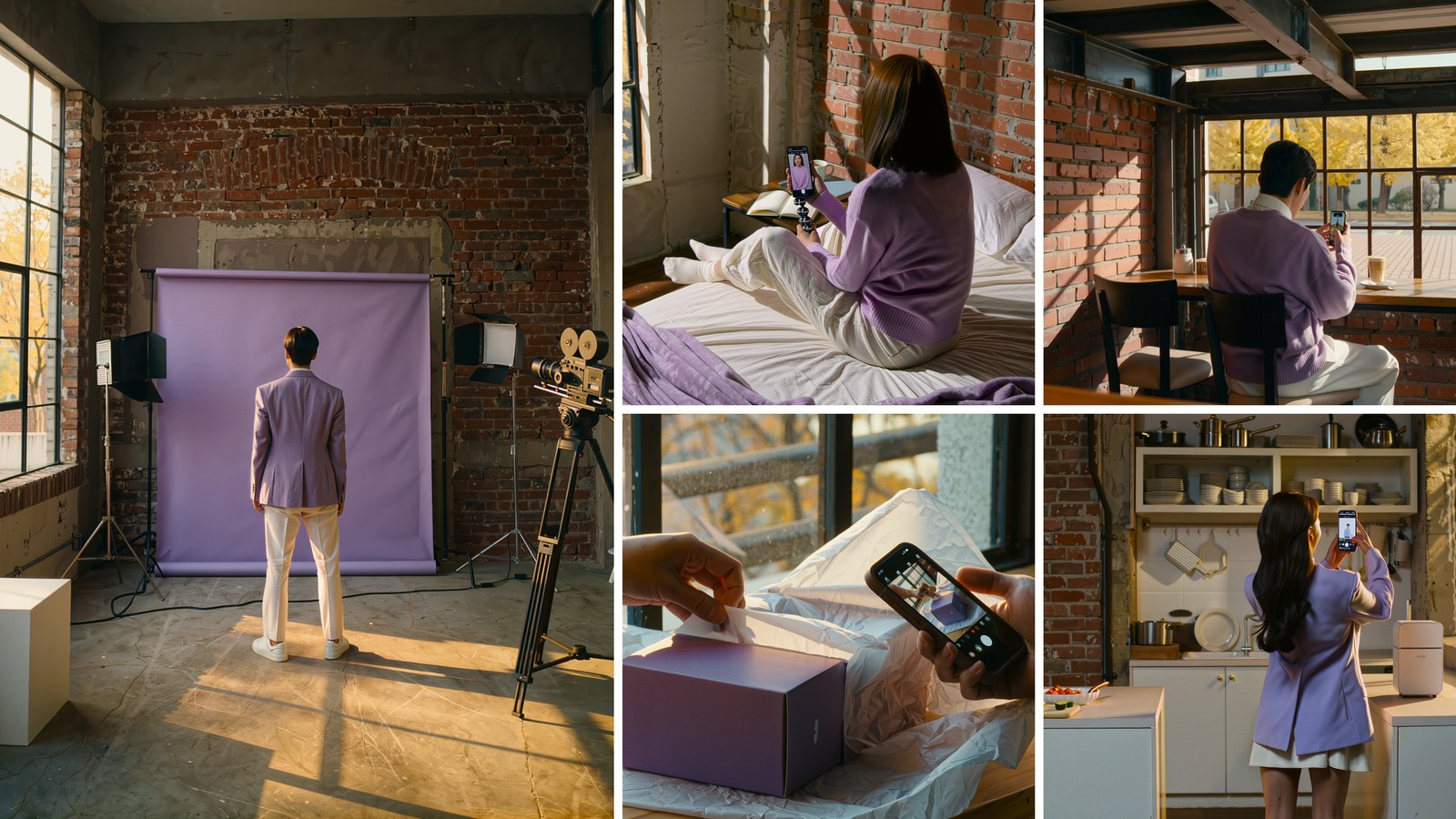 성수동 스튜디오에서 촬영하는 크리에이터 한 명과 작은 방·카페·주방에서 휴대폰으로 리뷰를 찍는 여러 크리에이터