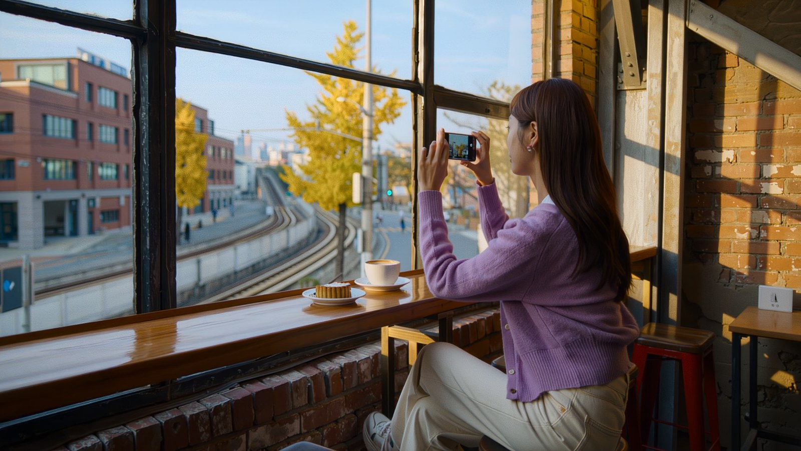 聖水洞のカフェを訪れた韓国のクリエイターが、デザートとコーヒーをスマートフォンで撮影する様子